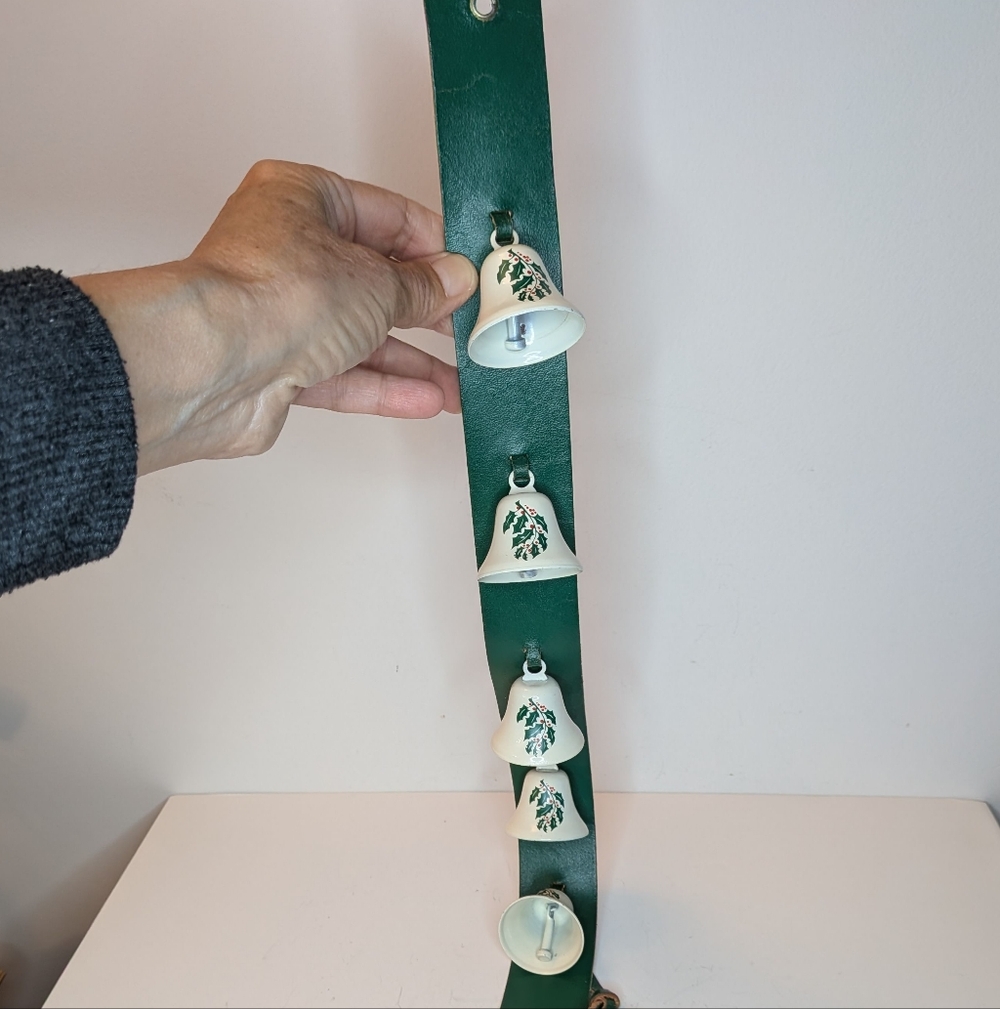Vintage Christmas Leather Holly Sleigh 5 Jingle Bells Leather Strap Door Hanger